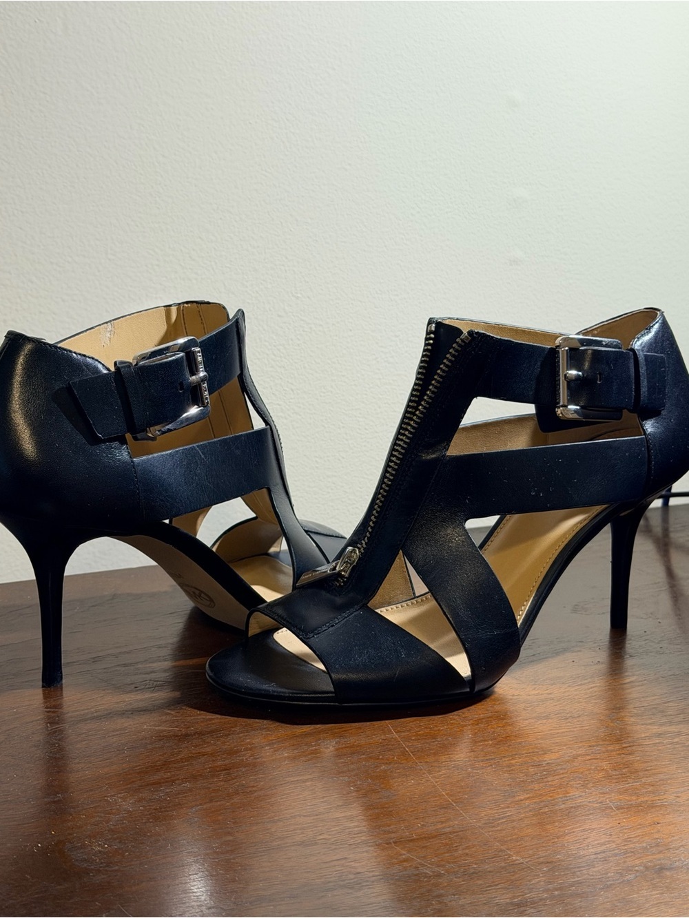 MICHAEL Michael Kors Anya Black Leather Zip-Front Heels